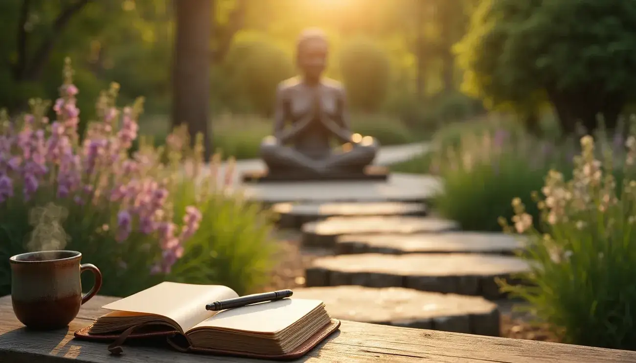 Open journal with pen and steaming cup on a table by a stone path leading to a meditating statue in a sunlit garden.
