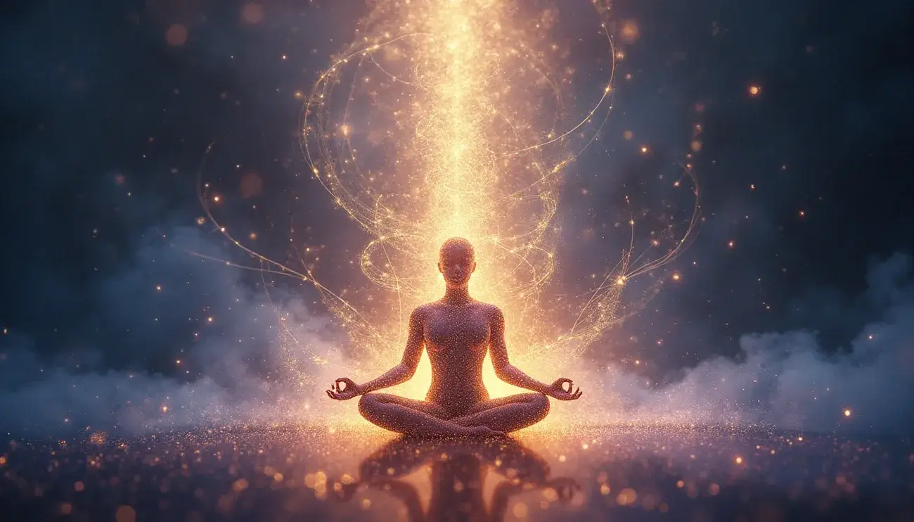 Person meditating in lotus pose with glowing golden energy swirling around them against a dark, starry background.